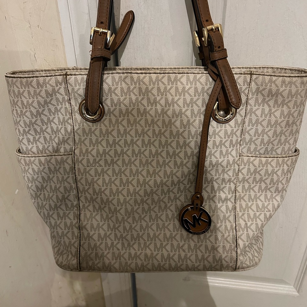 Michael Kors beige coated canvas & brown leather jet set large tote bag